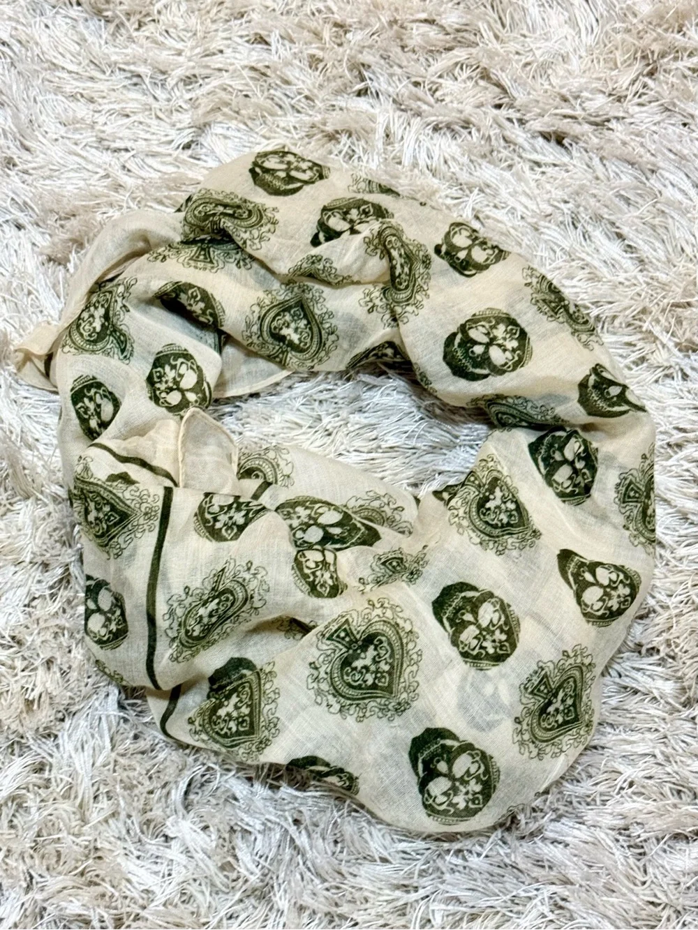 Paisley & Skull Print Lightweight Scarf | Cream & Olive Green | Boho Wrap - Picture 7 of 8